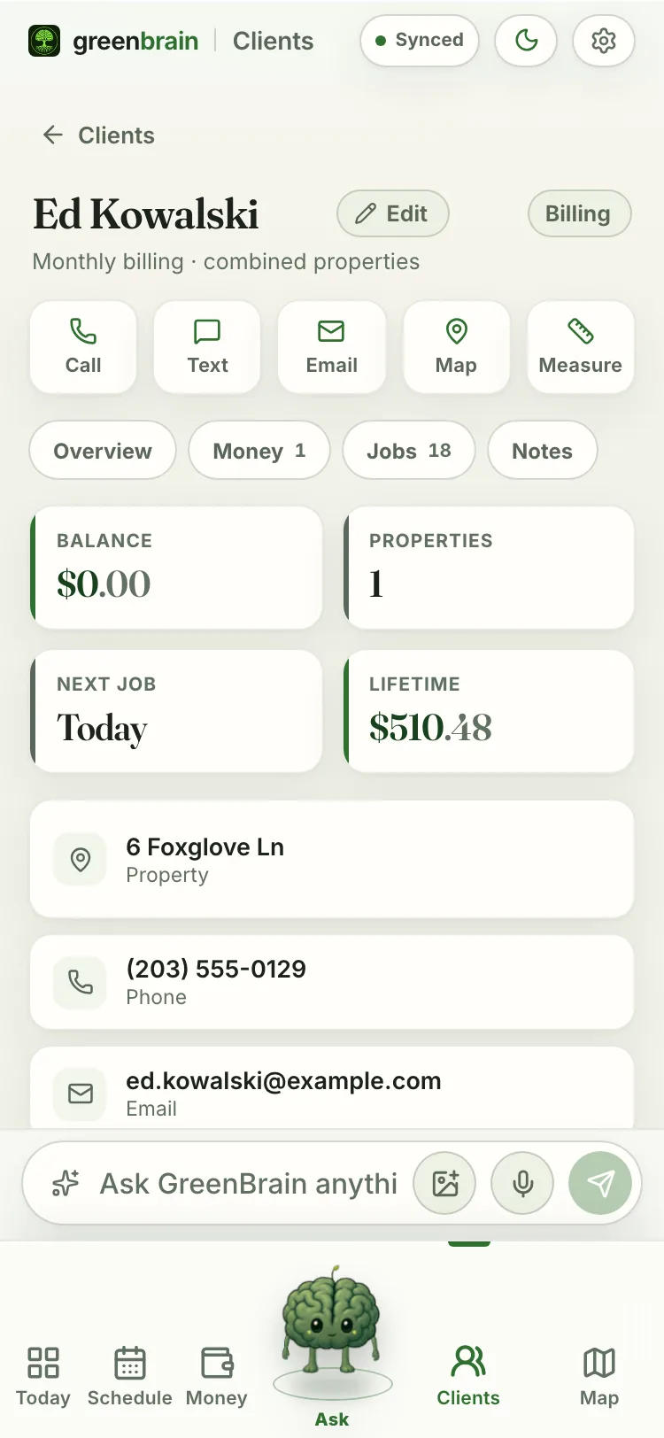 Ed Kowalski’s customer record, property and job history.