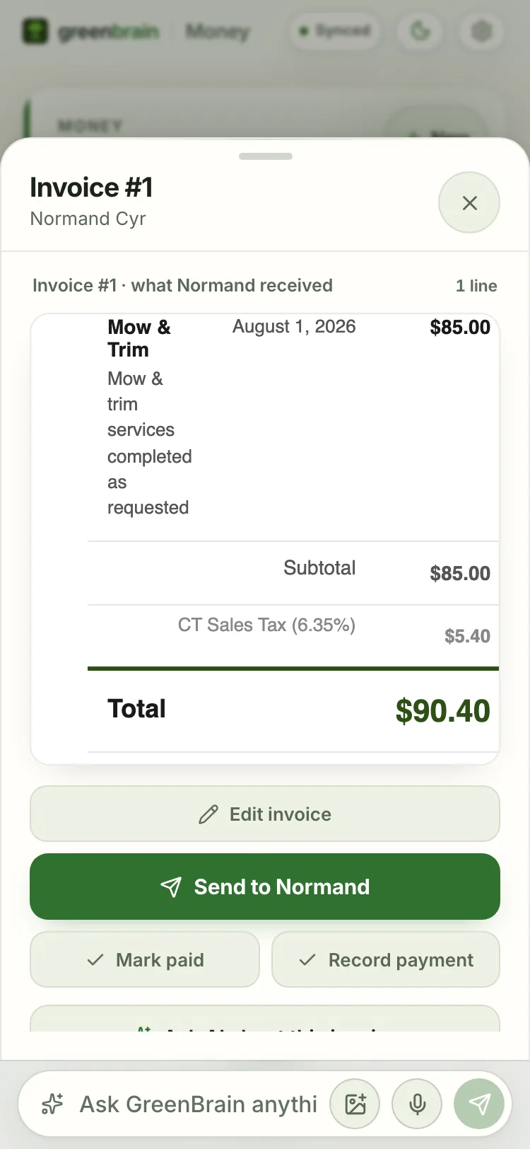 Invoice for Normand Cyr: $85 service, $5.40 tax, $90.40 total.